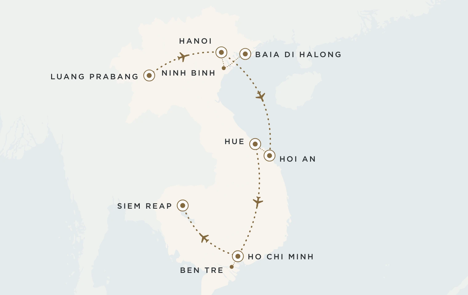 Mappa del viaggio Indocina, il grande viaggio: Luang Prabang, Hanoi, Ninh Binh, Halong, Hoi An, Hue, Ho Chi Minh e Siem Reap