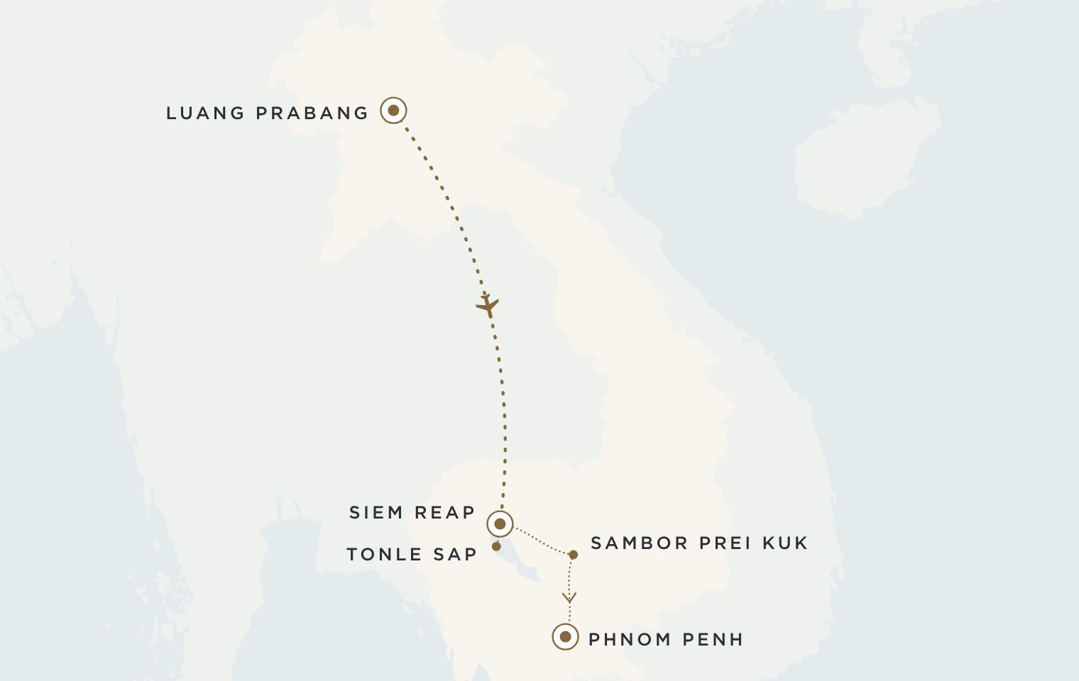 Mappa del viaggio Laos e Cambogia: Luang Prabang, Siem Reap, Sambor Prei Kuk e Phnom Penh
