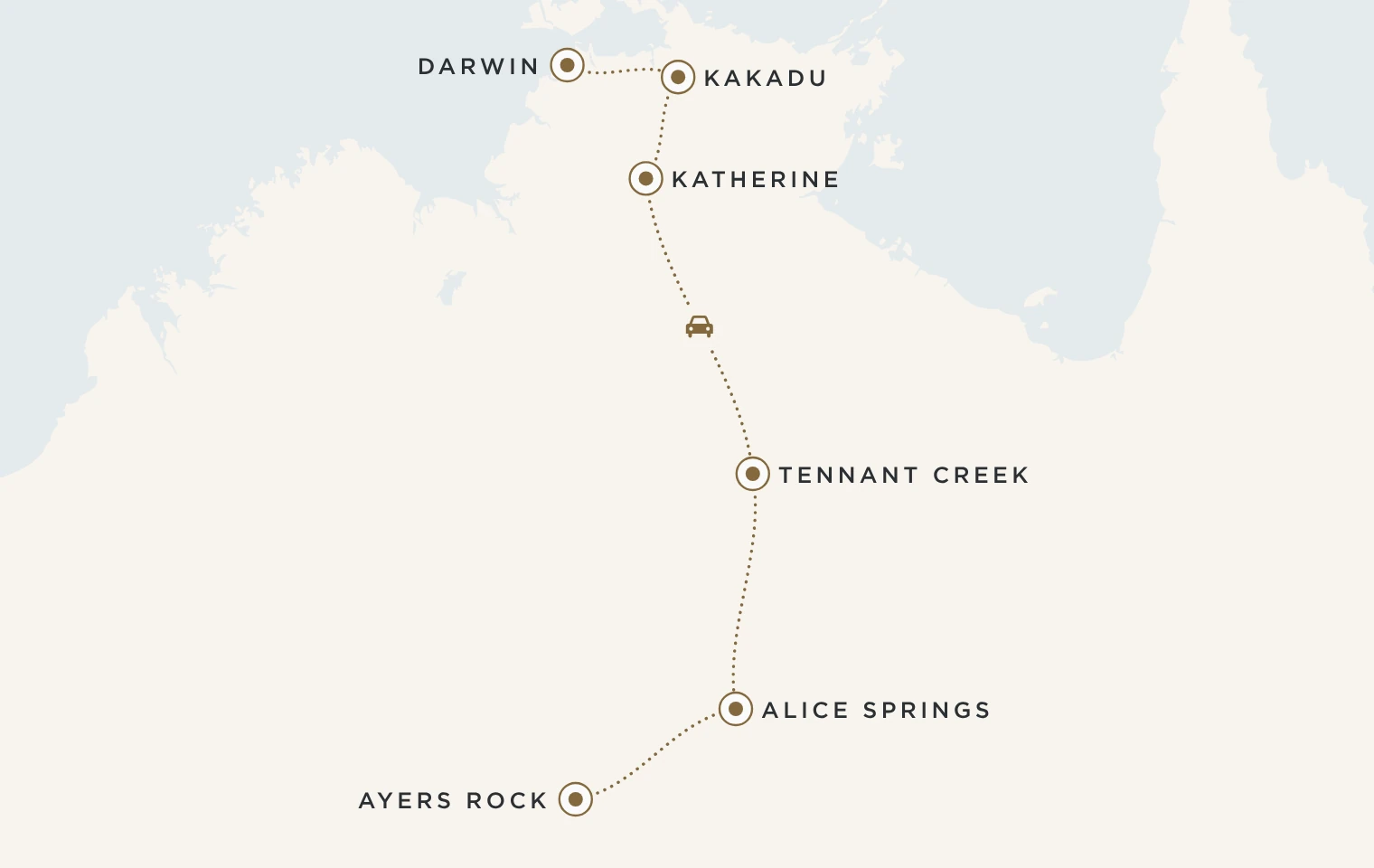 Mappa del Fly & Drive Da Darwin a Uluru: Darwin, Kakadu, Katherine, Tennant Creek, Alice Springs e Ayers Rock