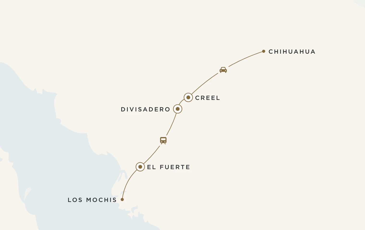 Mappa del viaggio Barranca del Cobre: Chihuahua, Creel, Divisadero, El Fuerte e Los Mochis, con l’estensione in Baja California tra La Paz, Todos Santos e Los Cabos
