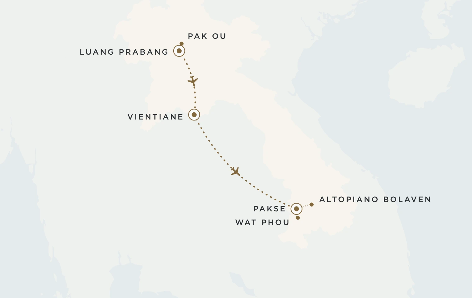 Mappa del viaggio Laos Panorama: Luang Prabang, Vientiane, Pakse, l’altopiano di Bolaven e il Wat Phou