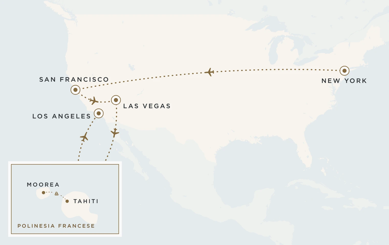Mappa del viaggio USA Coast to Coast e Polinesia: New York, San Francisco, Las Vegas, Moorea e Los Angeles