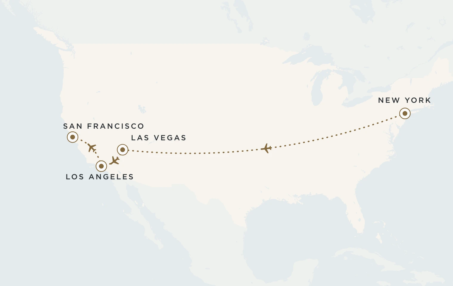 Mappa del viaggio Stati Uniti Coast to Coast: New York, Las Vegas, Los Angeles e San Francisco