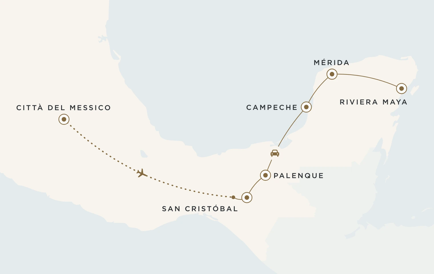 Mappa del viaggio Messico Día de Muertos: Città del Messico, San Cristóbal de las Casas, Palenque, Campeche, Mérida e Riviera Maya