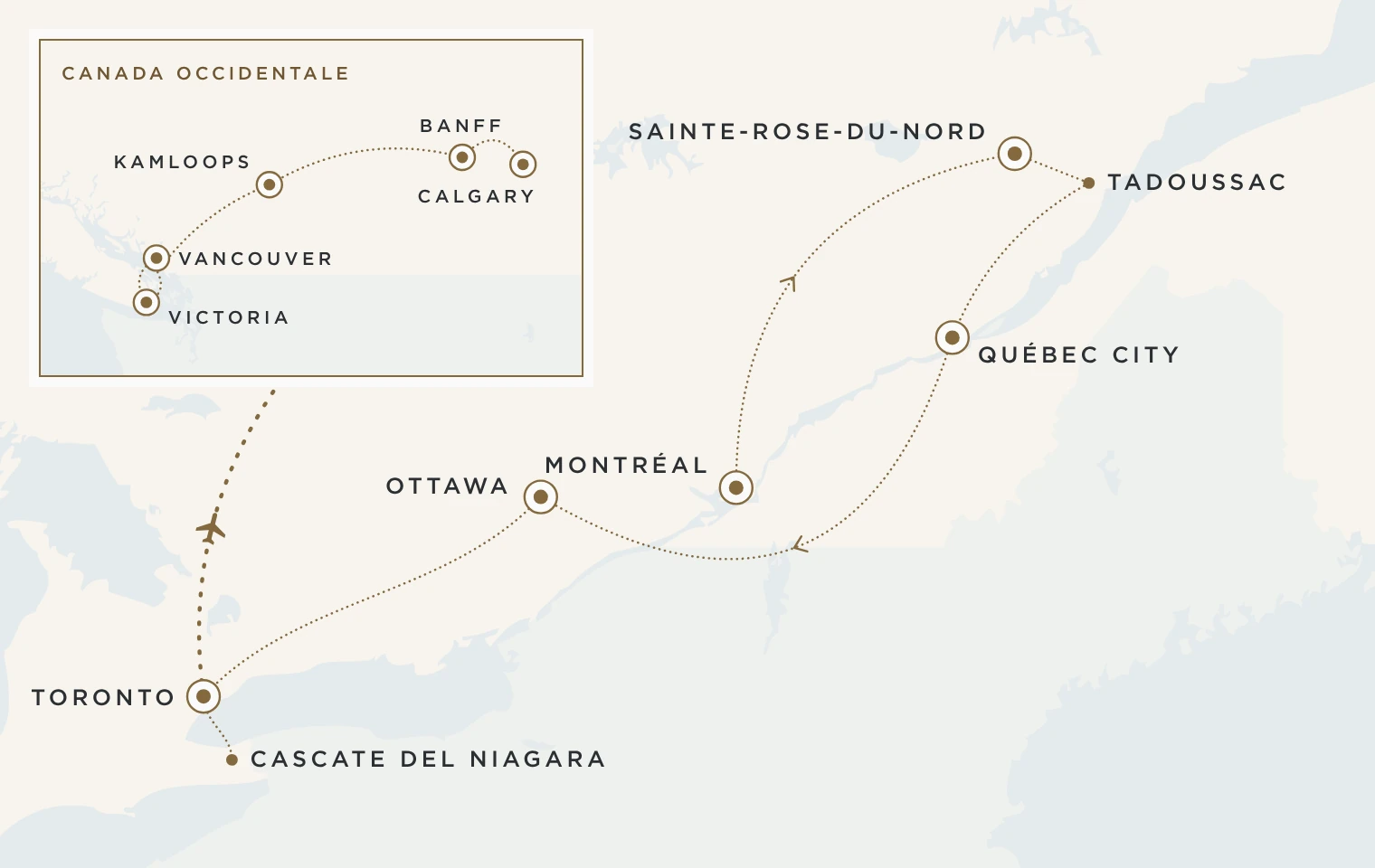 Mappa del viaggio Canada Coast to Coast: Montréal, Sainte-Rose-du-Nord, Québec City, Ottawa, Toronto, Calgary, Banff, Kamloops, Victoria e Vancouver