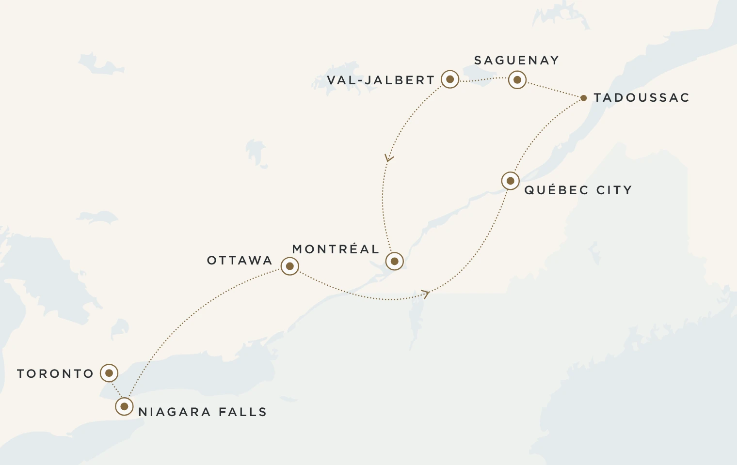 Mappa del viaggio Splendori del Canada Orientale: Toronto, Niagara Falls, Ottawa, Québec City, Saguenay, Val-Jalbert e Montréal