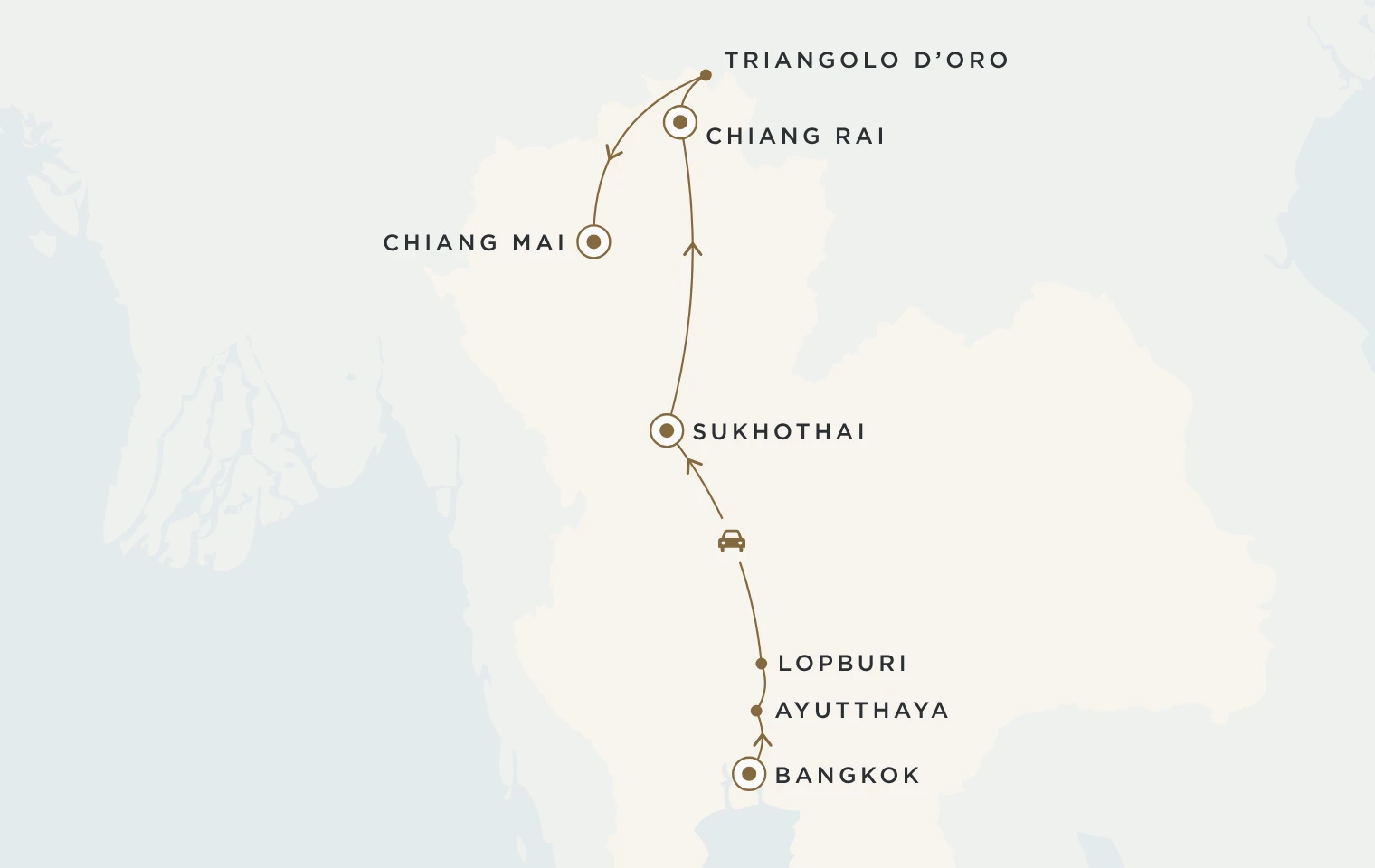 Mappa del viaggio Golden Siam: Bangkok, Ayutthaya, Lopburi, Sukhothai, Chiang Rai, Triangolo d’Oro e Chiang Mai