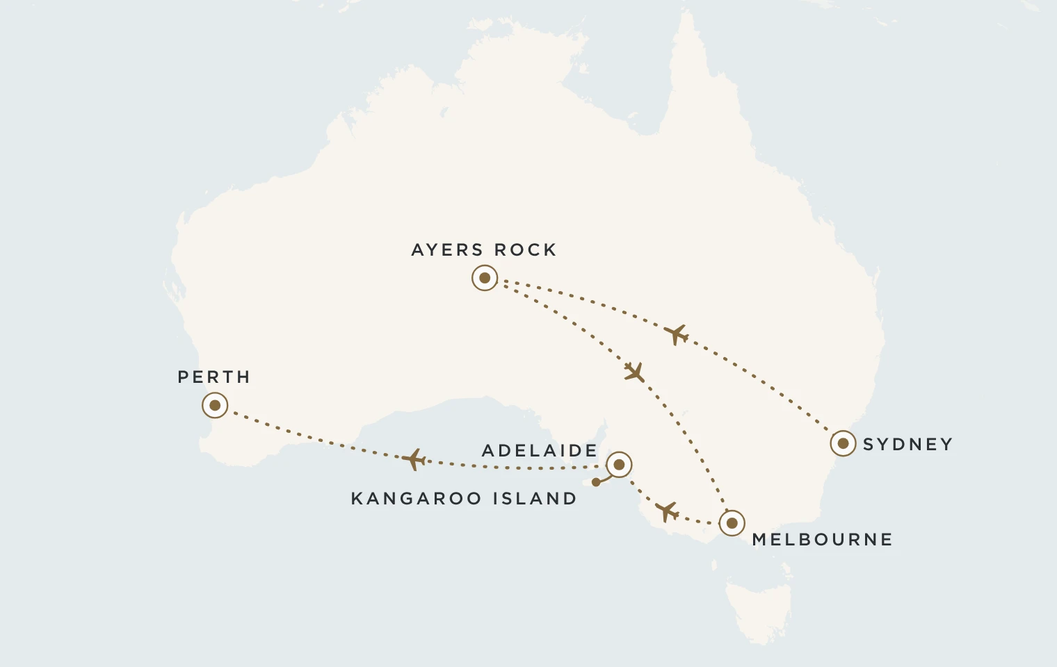 Mappa del viaggio Australia Explorer: Sydney, Ayers Rock, Melbourne, Adelaide, Kangaroo Island e Perth