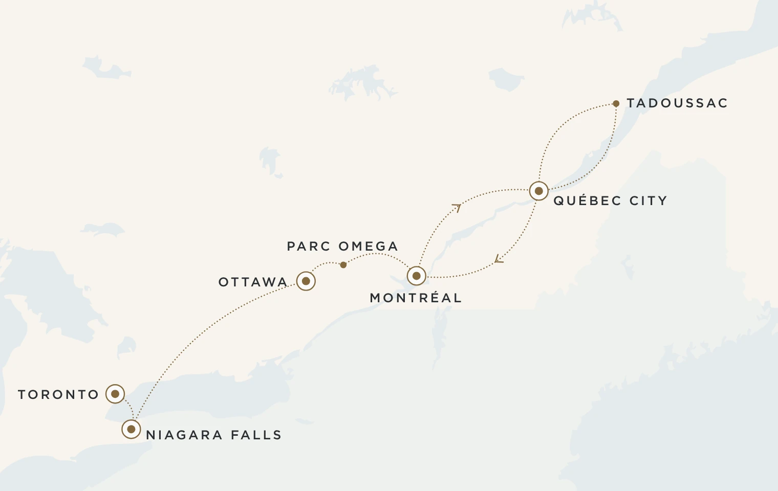 Mappa del viaggio Semplicemente Canada: Toronto, Niagara Falls, Ottawa, Montréal e Québec City