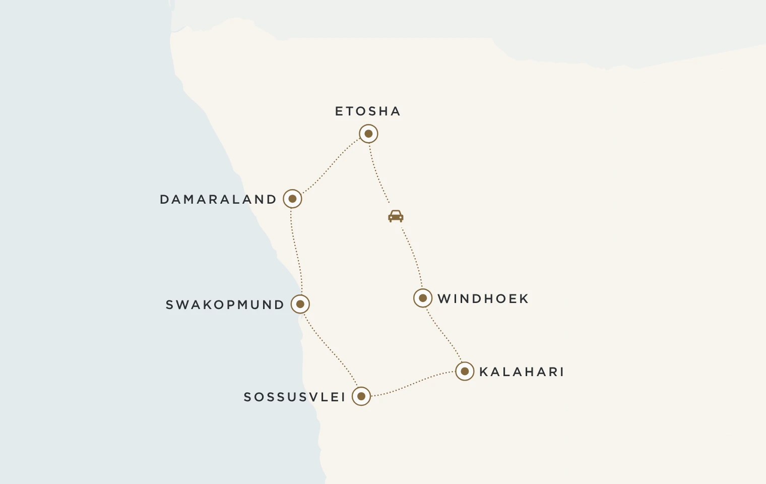Mappa del viaggio Best of Namibia: Windhoek, deserto del Kalahari, Sossusvlei, Swakopmund, Damaraland ed Etosha