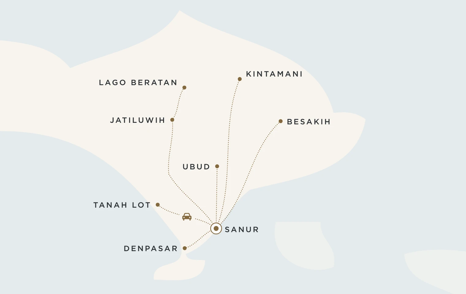 Mappa del viaggio Bali Discovery: Sanur, Besakih, Jatiluwih, il lago Beratan, Kintamani, Tanah Lot e Ubud