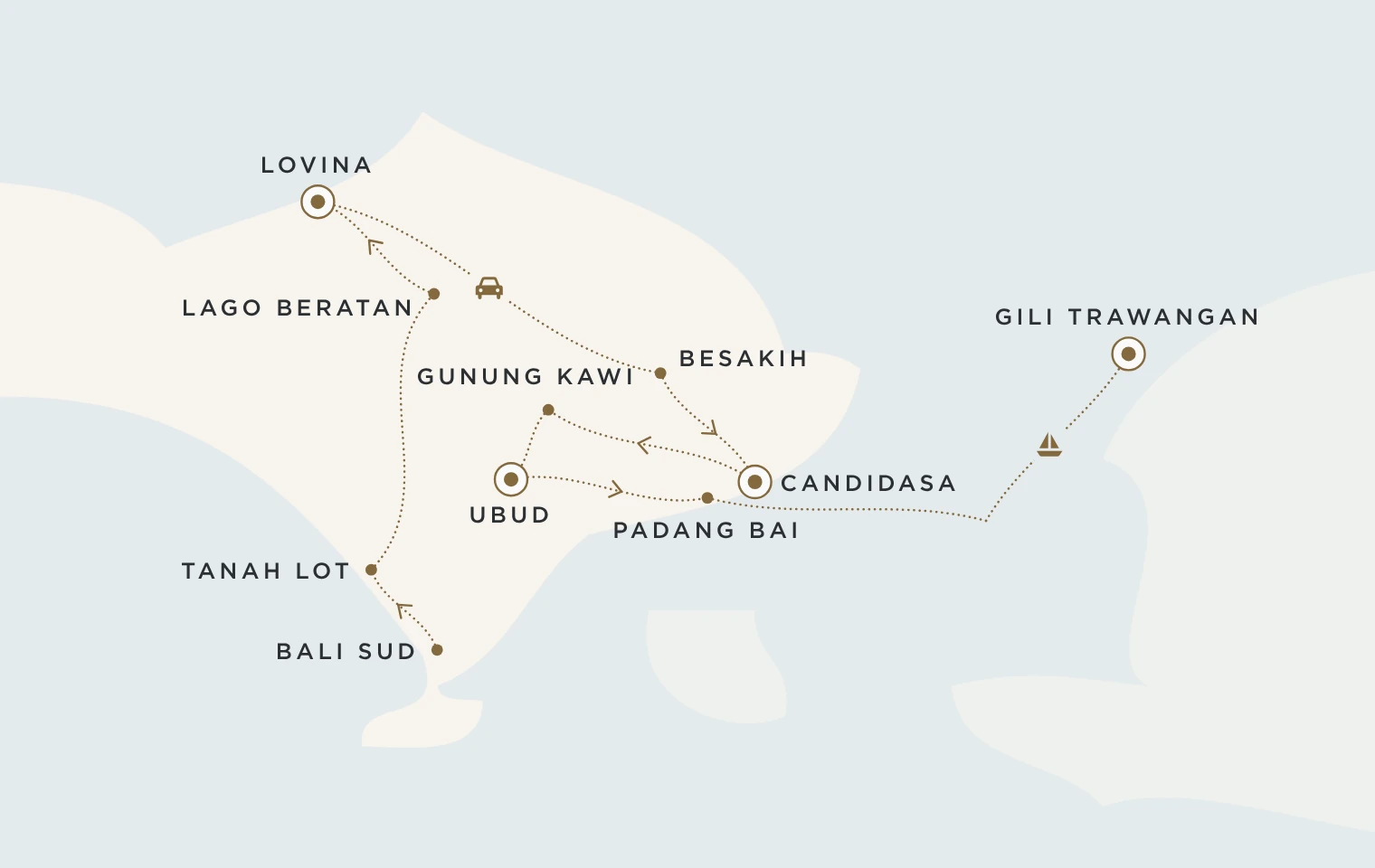 Mappa del viaggio Bali e Gili: Lovina, Candidasa, Ubud e Gili Trawangan