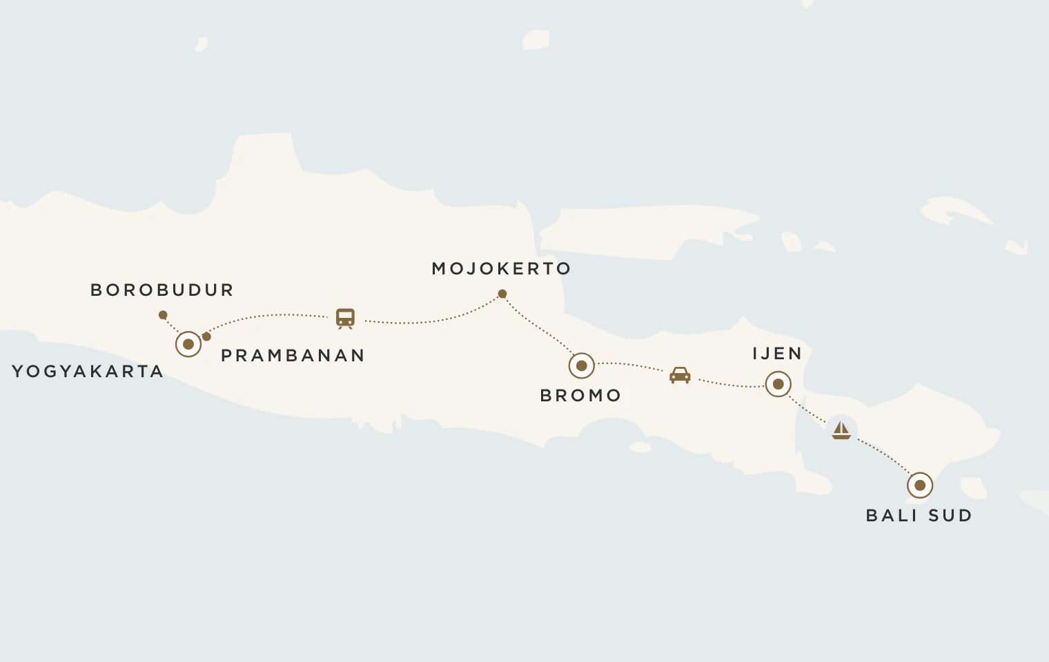 Mappa del viaggio Templi e vulcani di Giava: Yogyakarta, Borobudur, Prambanan, Bromo, Ijen e Bali