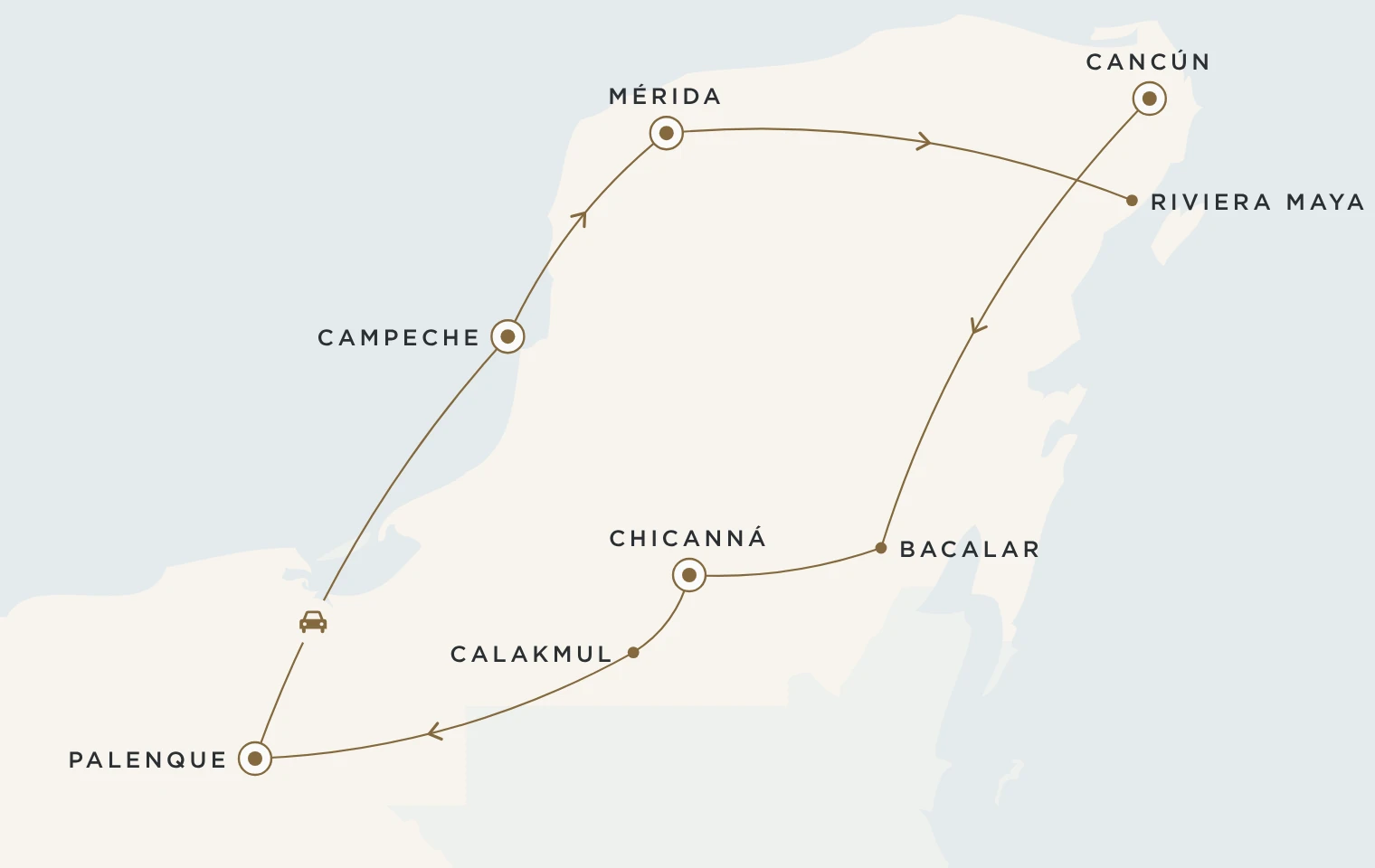 Mappa del viaggio Tesori Maya: Cancún, Bacalar, Chicanná, Calakmul, Palenque, Campeche, Mérida e Riviera Maya