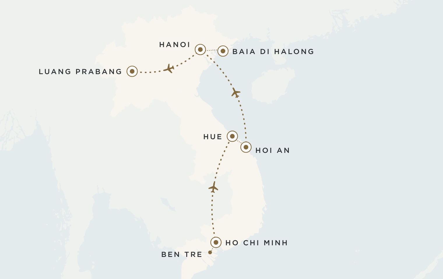 Mappa del viaggio Vietnam e Laos: Ho Chi Minh, Hue, Hoi An, Hanoi, la baia di Halong e Luang Prabang