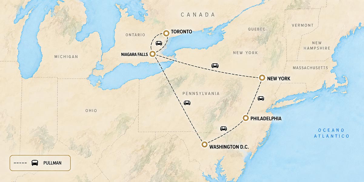 Mappa del tour New York, Niagara Falls, Toronto, Washington e Philadelphia Mappa del tour New York, Niagara Falls, Toronto, Washington e Philadelphia