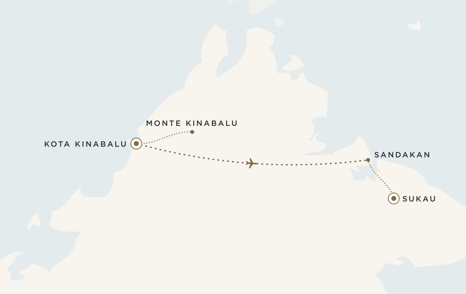 Mappa del viaggio Essenza del Sabah: Kota Kinabalu, Monte Kinabalu, Sandakan e Sukau sul fiume Kinabatangan