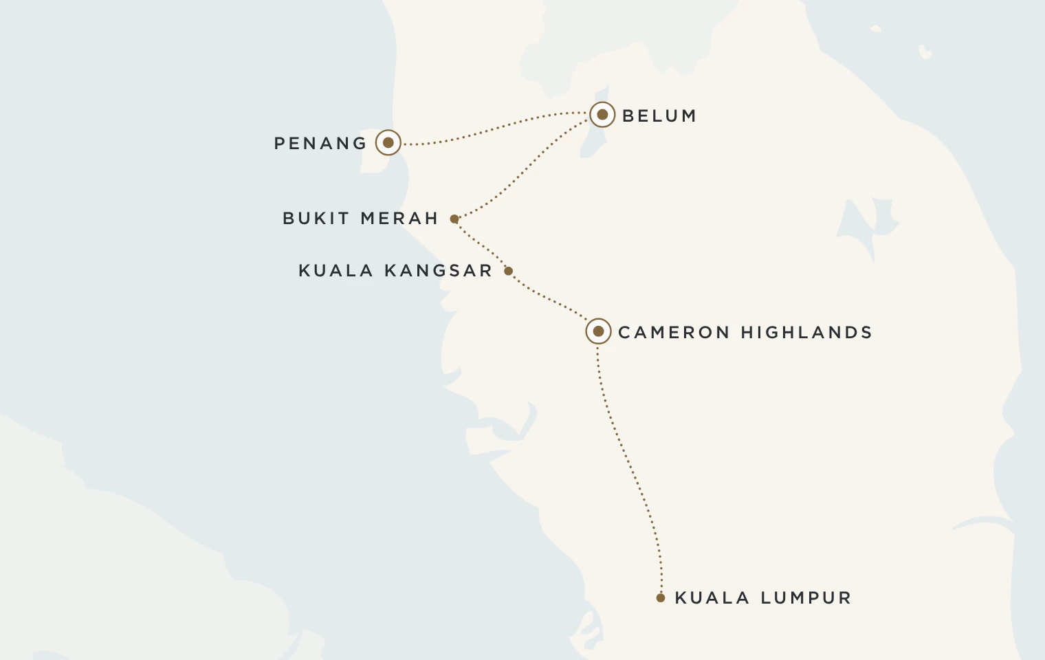 Mappa del viaggio Malesia Classica: Kuala Lumpur, Cameron Highlands, Kuala Kangsar, Bukit Merah, Belum e Penang