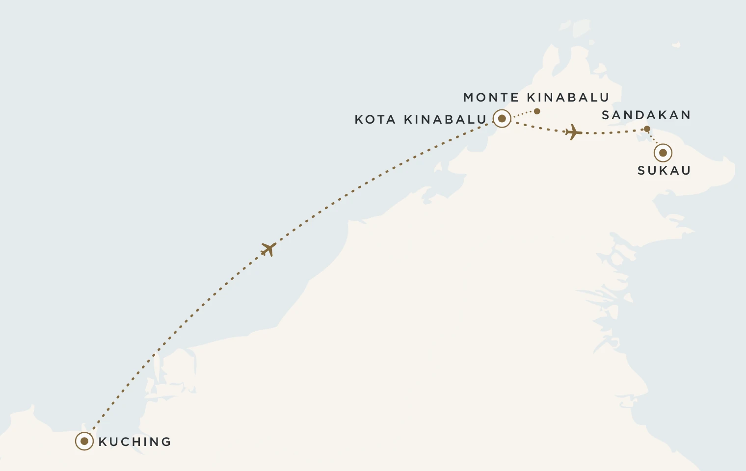 Mappa del viaggio Meraviglie del Borneo: Kuching, Kota Kinabalu, Monte Kinabalu, Sandakan e Sukau