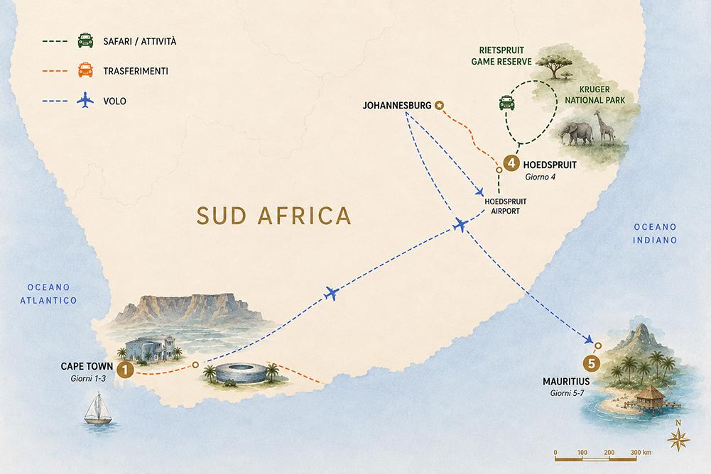 sudafrica e mauritius mappa del viaggio