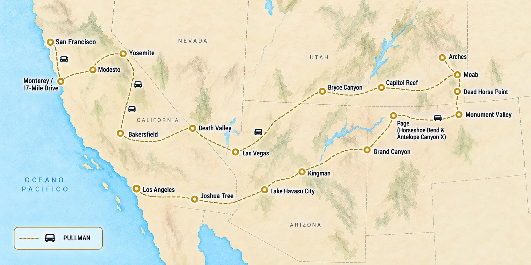 Mappa del tour Ovest USA – Da Los Angeles a San Francisco Mappa del tour Ovest USA – Da Los Angeles a San Francisco