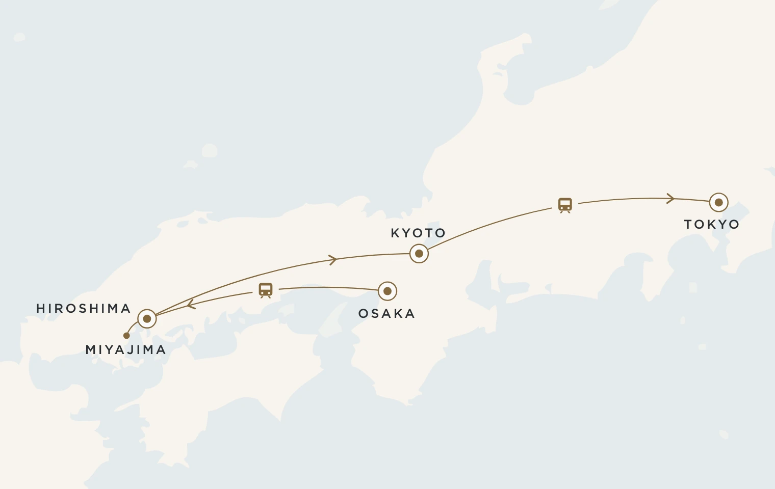 Mappa del viaggio Giappone Autentico: Osaka, Hiroshima, Miyajima, Kyoto e Tokyo