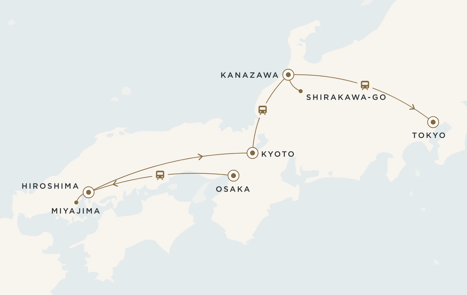 Mappa del viaggio Giappone Heritage: Osaka, Hiroshima, Miyajima, Kyoto, Kanazawa, Shirakawa-go e Tokyo