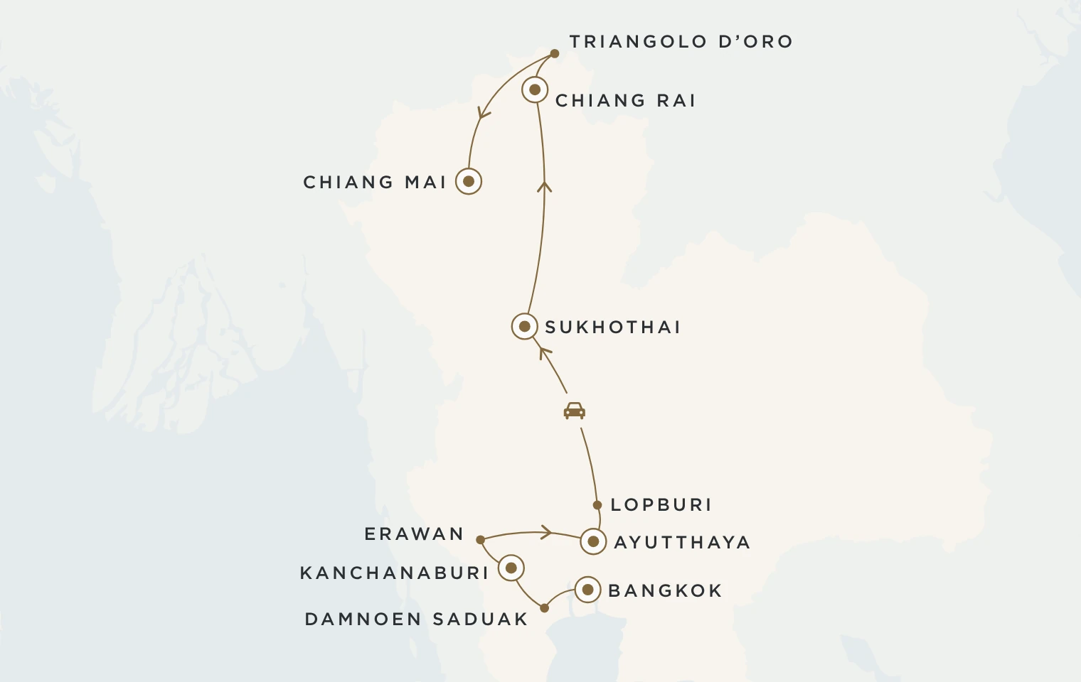 Mappa del viaggio Thailandia Grand Tour: Bangkok, Damnoen Saduak, Kanchanaburi, Erawan, Ayutthaya, Sukhothai, Chiang Rai, Triangolo d’Oro e Chiang Mai