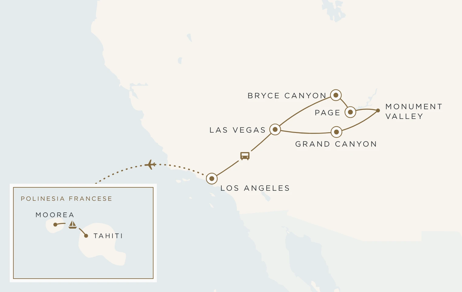 Mappa del viaggio Stati Uniti e Polinesia: Los Angeles, Las Vegas, Grand Canyon, Page, Bryce Canyon e Moorea