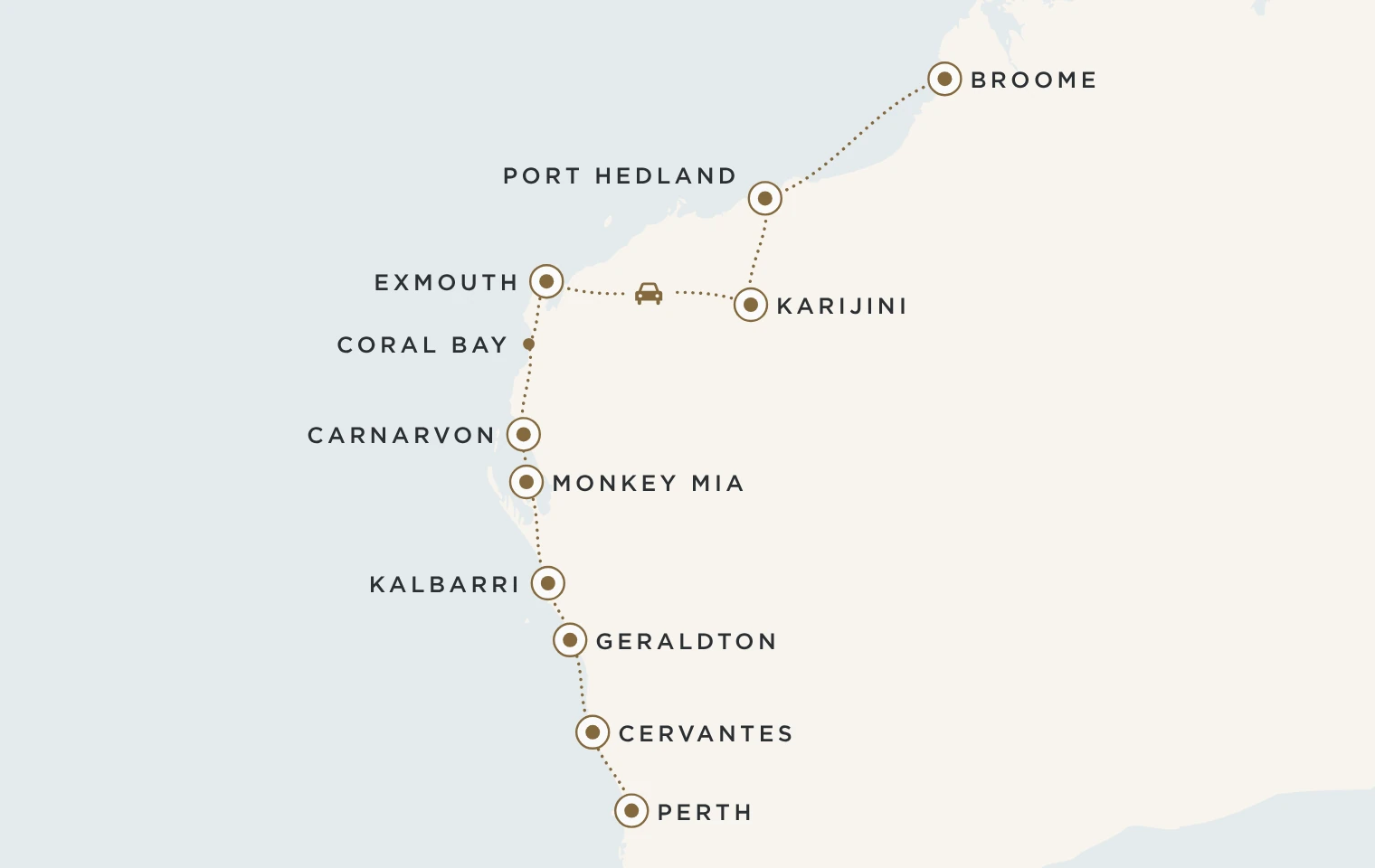 Mappa del Fly & Drive Da Perth a Broome: Perth, Cervantes, Geraldton, Kalbarri, Monkey Mia, Carnarvon, Exmouth, Karijini, Port Hedland e Broome