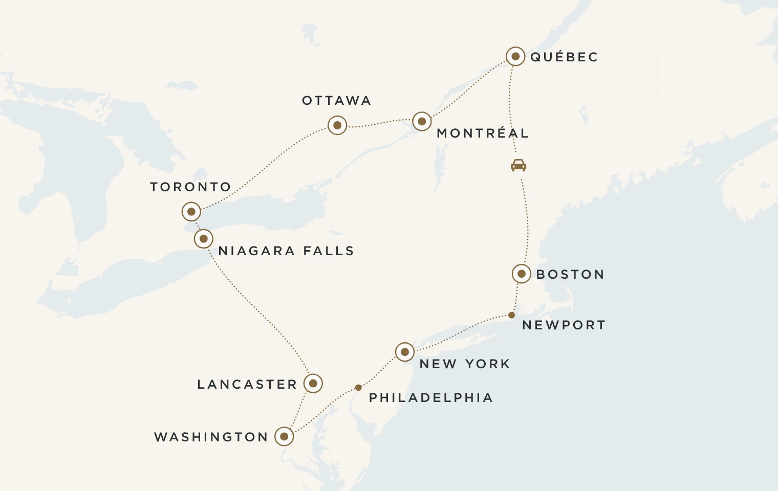 Mappa del viaggio Orizzonti d’America e Canada: New York, Newport, Boston, Québec, Montréal, Ottawa, Toronto, Niagara Falls, Lancaster, Washington e Philadelphia