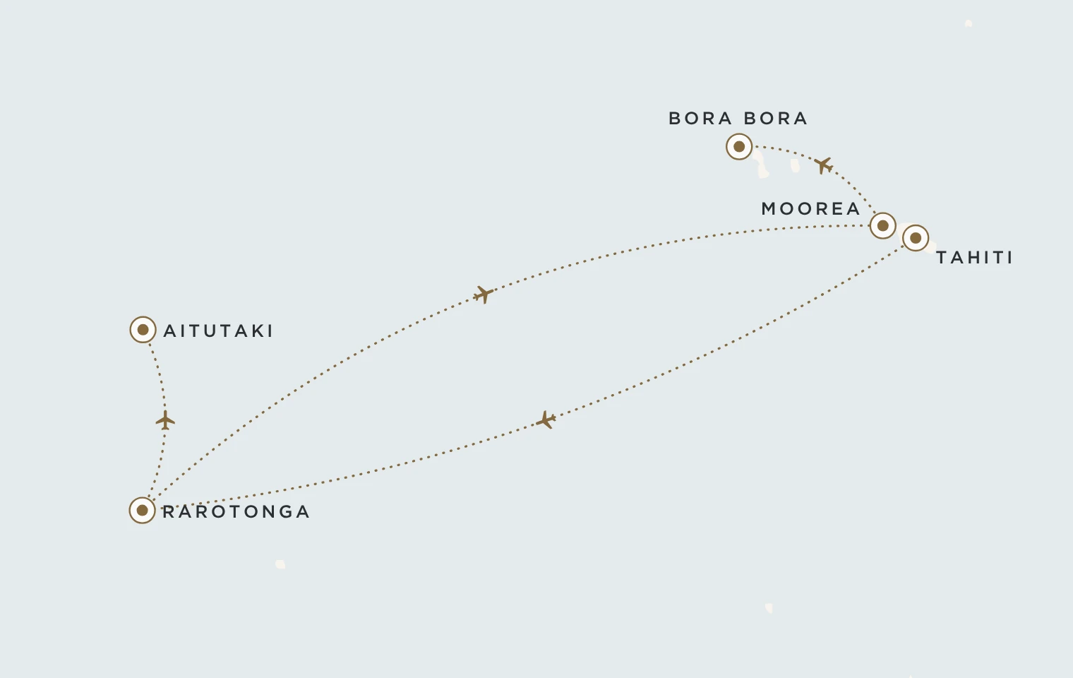 Mappa del viaggio Polinesia e Isole Cook: Tahiti, Aitutaki, Rarotonga, Moorea e Bora Bora