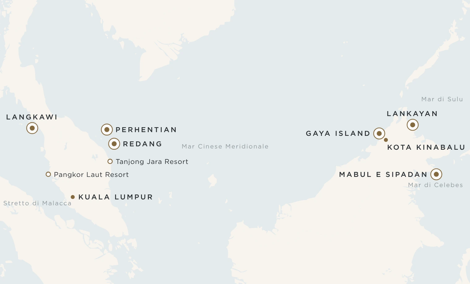 Mappa delle isole e delle spiagge della Malesia: Langkawi, Perhentian, Redang, Gaya Island, Lankayan, Mabul e Sipadan, con Pangkor Laut Resort e Tanjong Jara Resort