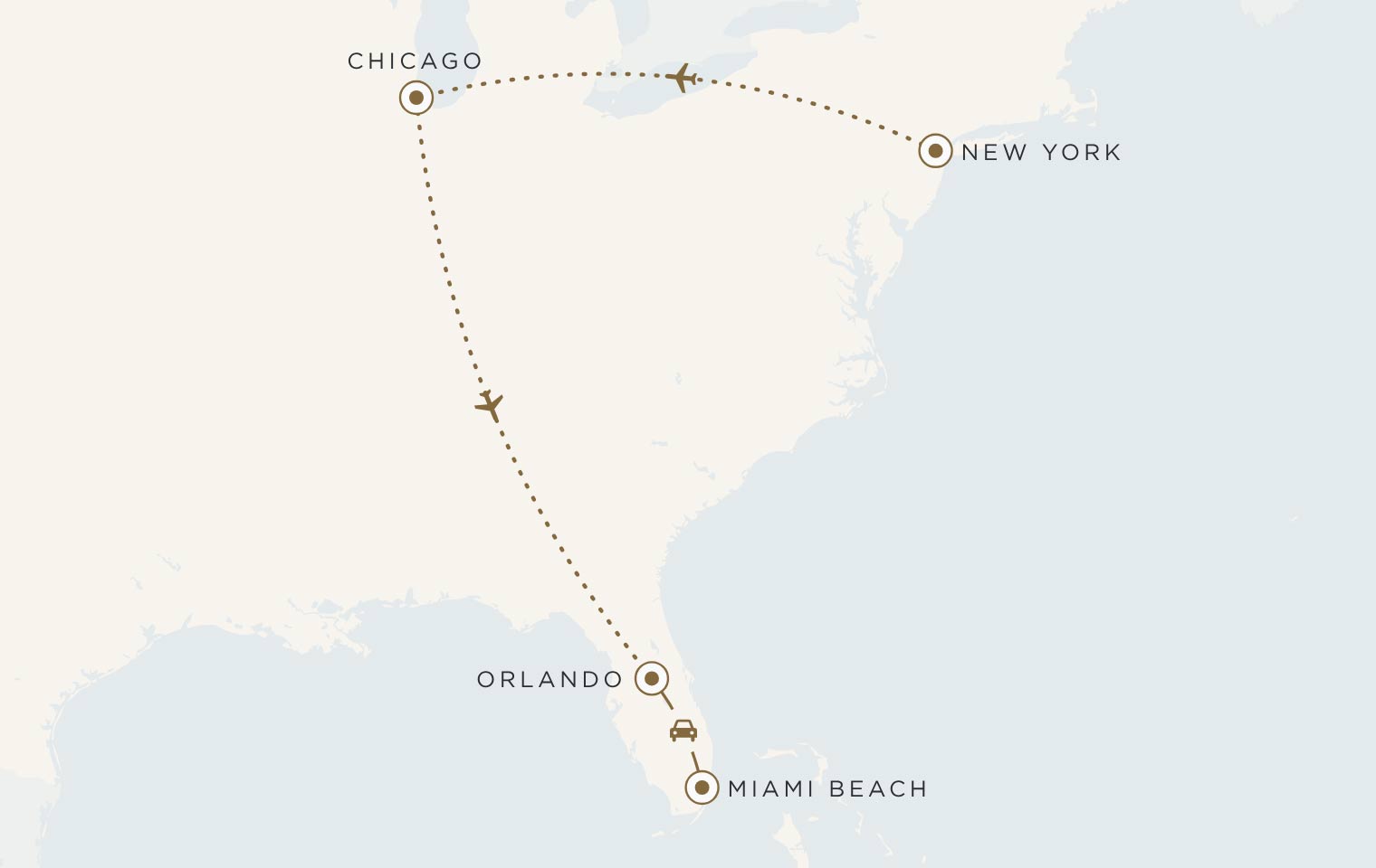 Mappa del viaggio New York, Chicago e Florida: New York, Chicago, Orlando e Miami Beach